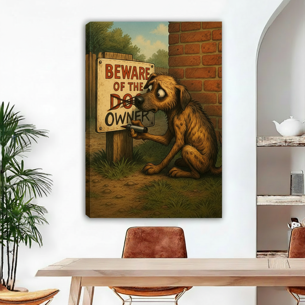 Funny dog beware of owner humorous cartoon canvas art gallery wrap with image-wrapped edges in dining room
