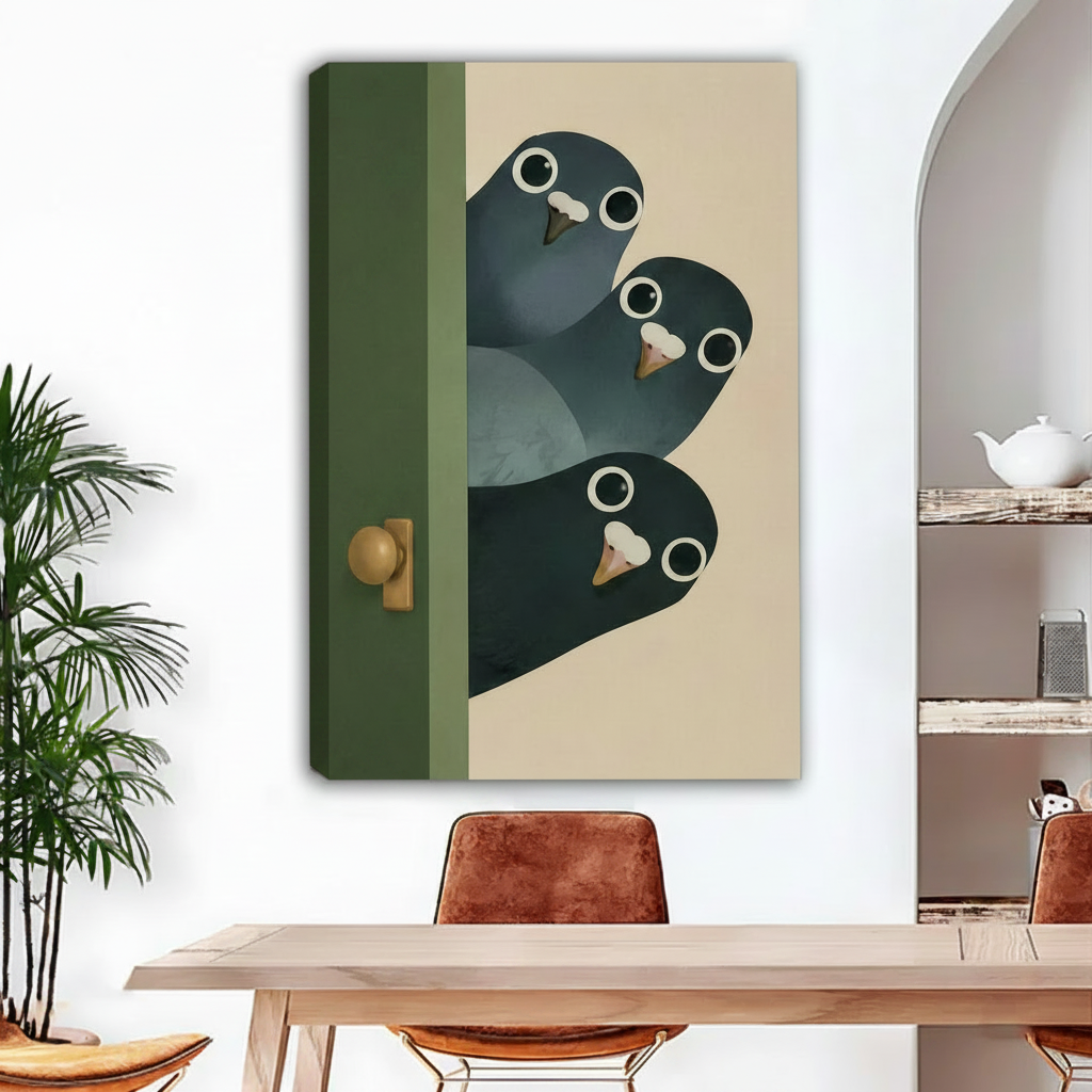 Curious pigeons peeking door gallery wrap canvas – frameless flat illustration wall art in boho dining room