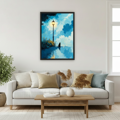 Atmospheric oil painting print, black cat silhouette by lamppost under blue night sky, wall decor