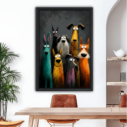 Funny cartoon animals framed canvas wall art print with dark background