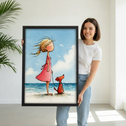 Woman holding girl and dog beach watercolor wall art print, whimsical coastal illustration, perfect gift for dog lovers