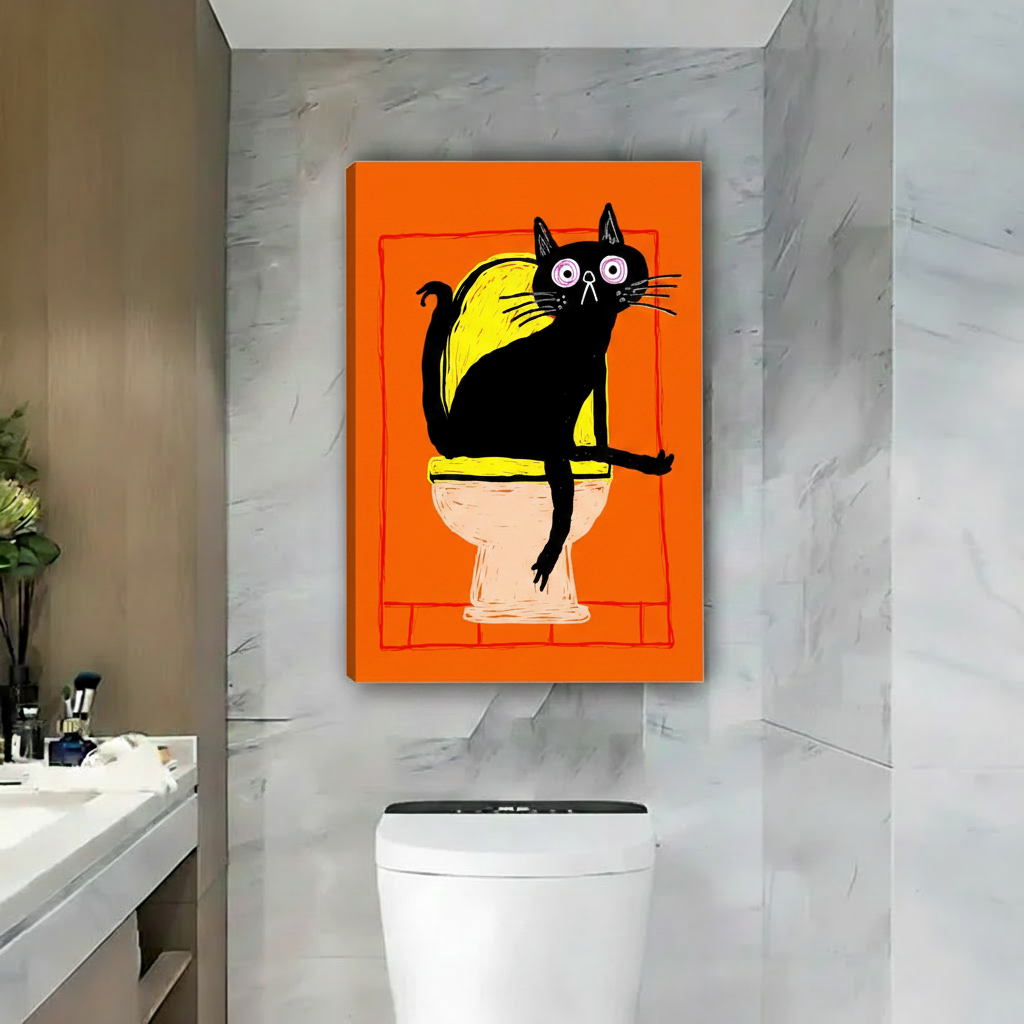 Quirky black cat on toilet orange gallery wrap canvas wall art, funny bathroom wall decor for home