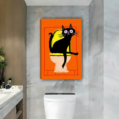 Quirky black cat on toilet orange gallery wrap canvas wall art, funny bathroom wall decor for home
