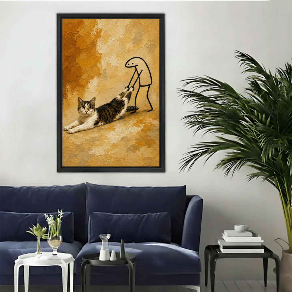 Funny cat wall art – whimsical oil painting of a stubborn cat being dragged by a stick figure, black framed canvas print, premium home decor