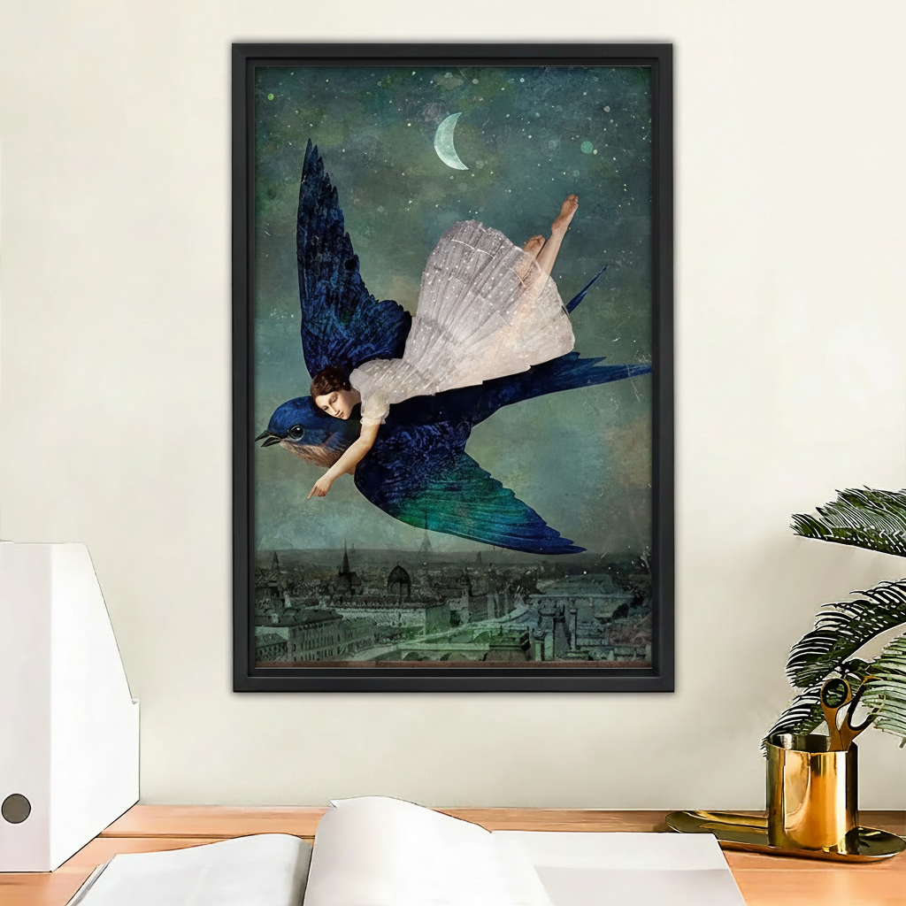 Moonlit fantasy wall art print — woman in white dress riding a bluebird over a city at night