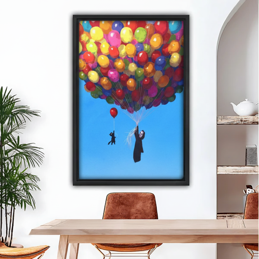 Funny grim reaper and black cat floating with colorful balloons framed wall art print, black frame, vibrant oil painting blue sky, displayed above a wooden dining table in a modern boho dining room with indoor palm