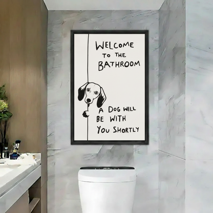 Funny dachshund bathroom wall art, "Welcome to the Bathroom" quote with peeking wiener dog, black framed canvas print for bathroom decor

