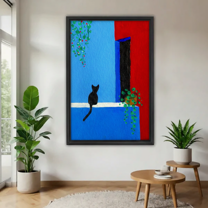  Black cat on blue red Mediterranean wall framed art print, black frame, bold color block with trailing vines, displayed in a bright minimalist living room with indoor plants
