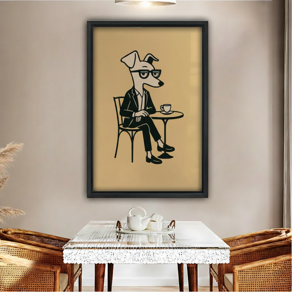 Funny greyhound dog in suit drinking coffee cafe mid-century minimalist wall art print in black frame above glass dining table with rattan chairs and white tea set in boho dining room