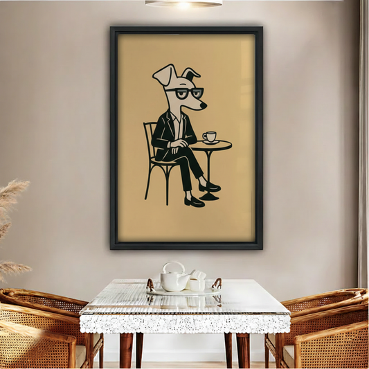 Funny greyhound dog in suit drinking coffee cafe mid-century minimalist wall art print in black frame above glass dining table with rattan chairs and white tea set in boho dining room