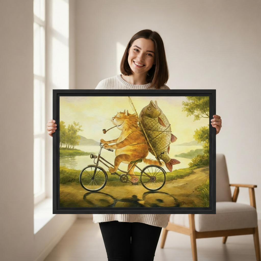 Smiling woman holding whimsical cat riding bicycle framed canvas wall art, funny animal print black frame