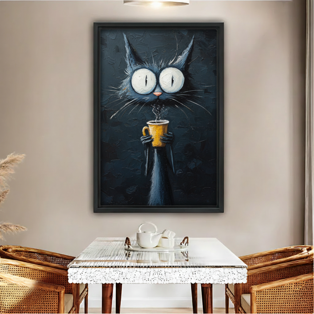 Big-eyed black cat holding yellow coffee cup dark oil painting wall art print in black frame above glass dining table with rattan chairs and white tea set in boho dining room