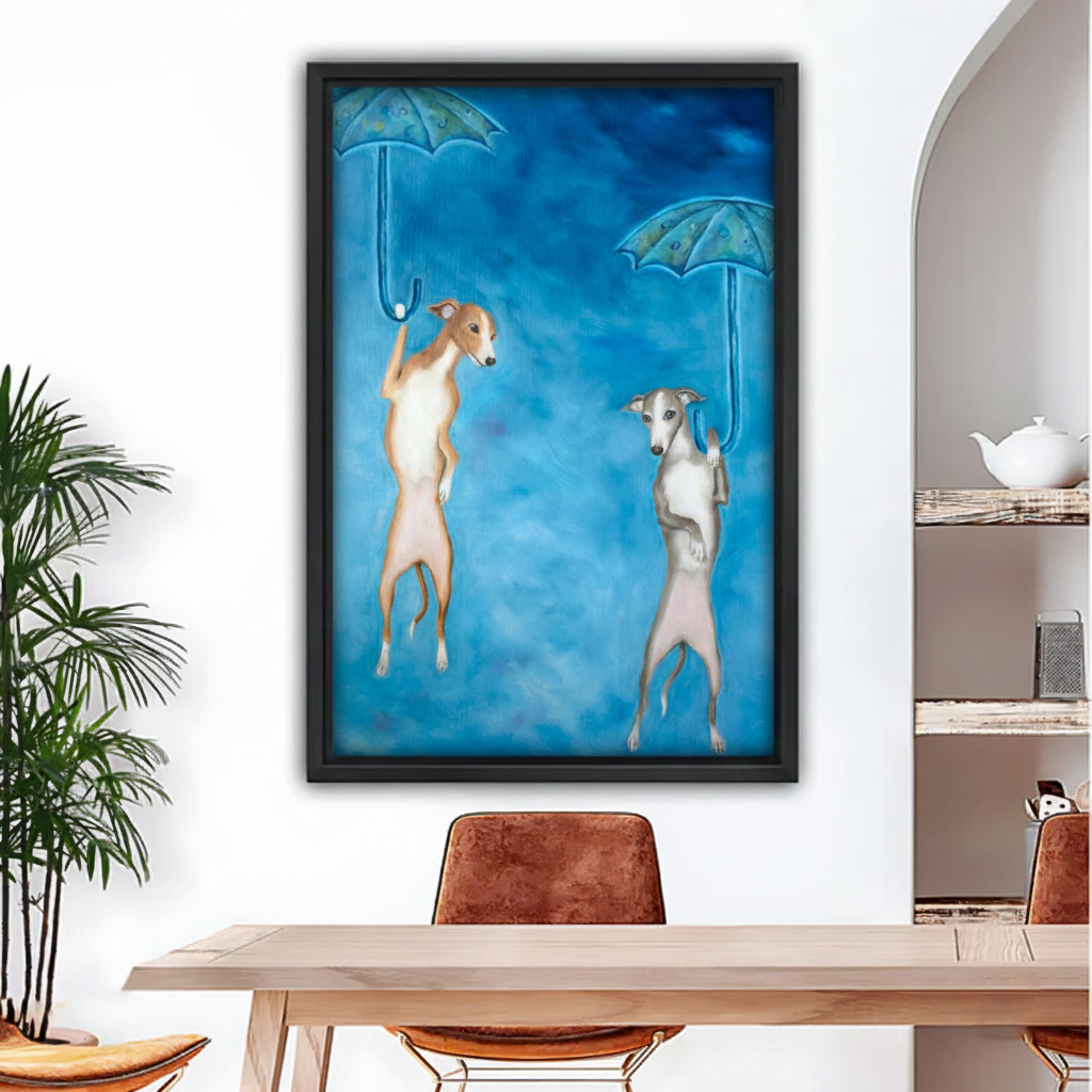 Whimsical Italian greyhound wall art, two dogs floating with teal umbrellas on blue background, black framed canvas print