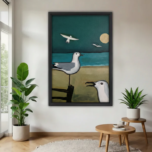 Seagull wall art, two coastal birds on beach with teal ocean and golden moon, black framed canvas print for living room decor

