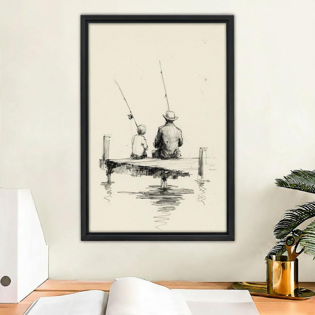 Father and son fishing on dock charcoal sketch wall art print in black frame above wooden desk with gold stationery and open notebook in modern home office