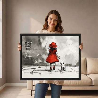 Woman holding red dress girl walking dog ink sketch canvas print emotional wall art