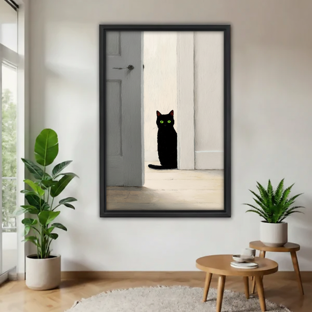 Black cat green eyes sitting in white doorway minimalist oil painting wall art print in black frame on white wall with fiddle leaf fig and round oak coffee table in minimalist living room