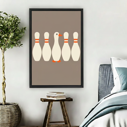 Funny duck among bowling pins minimalist wall art print in black frame beside blue grey bed with wooden stool and stacked books in cozy Scandinavian bedroom