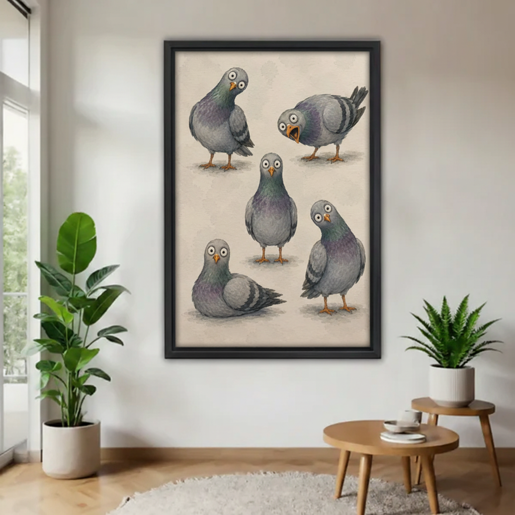 Funny pigeons five poses framed wall art print, black frame, whimsical vintage illustration on beige background, displayed in a bright minimalist living room with indoor plants and round side table