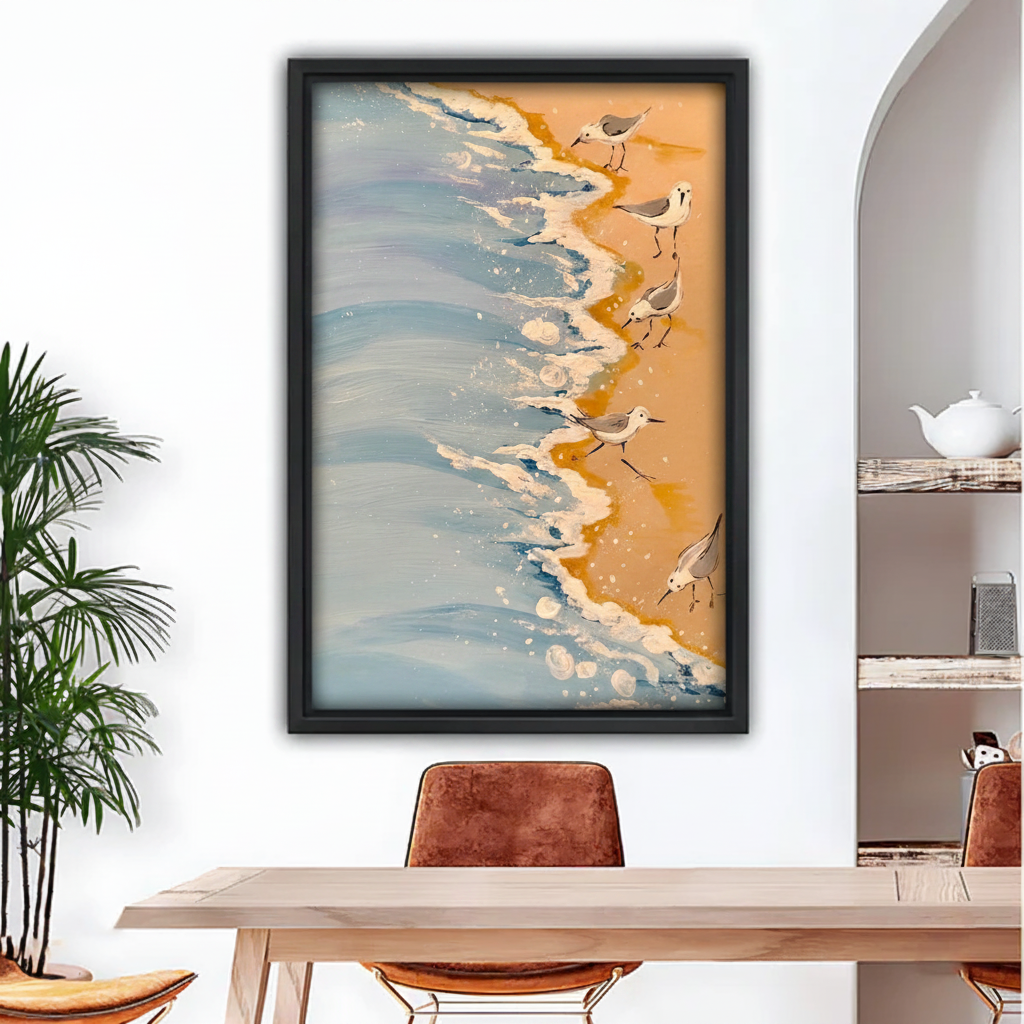 Sandpiper shorebirds on sandy beach with ocean waves framed wall art print, black frame, warm golden sand coastal oil painting style, hung above a light wood dining table with leather chairs in a bright modern dining room with indoor palm