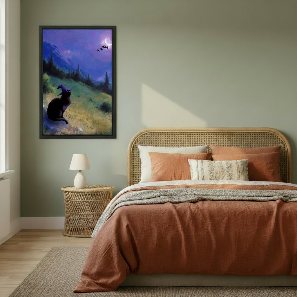 Fantasy witch cat canvas print in black frame hanging in sage green bedroom with rattan headboard