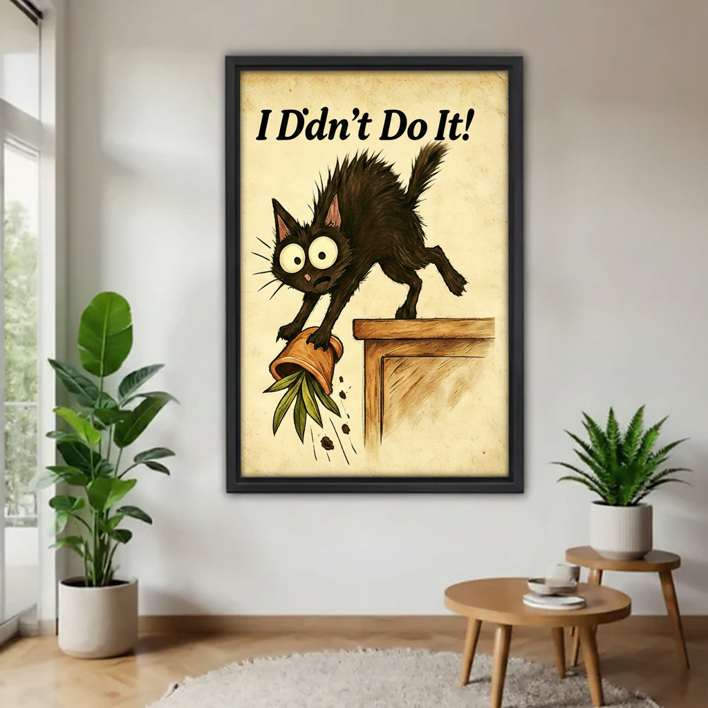 Funny black cat wall art "I Didn't Do It", guilty cat knocking over plant pot, black framed canvas print for living room decor