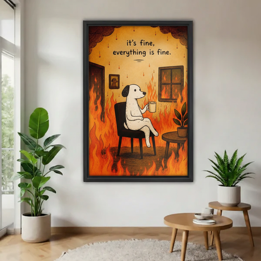Funny dog "it's fine everything is fine" framed wall art print, black frame, displayed in a modern living room with indoor plants