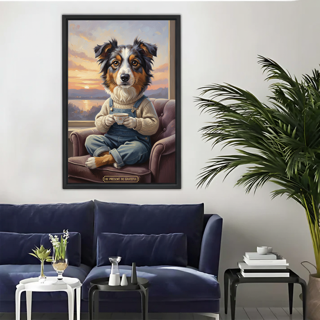 Australian Shepherd Coffee Canvas Art - "Be Present, Be Grateful" Dog Print| Liberty Signs #L302