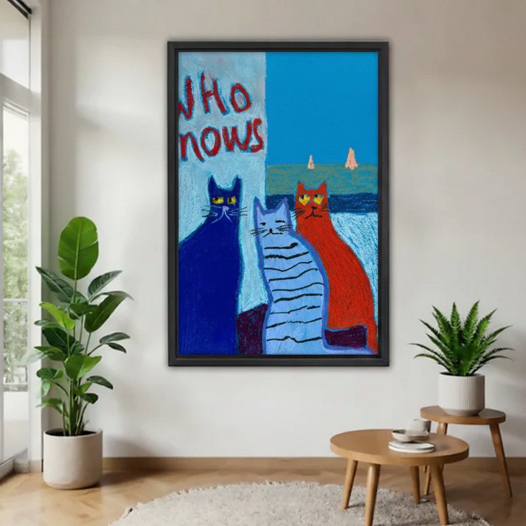 Three cats "Who Knows" framed wall art print, black frame, bold blue oil painting style with ocean sailboat scene, displayed in a bright minimalist living room with indoor plants