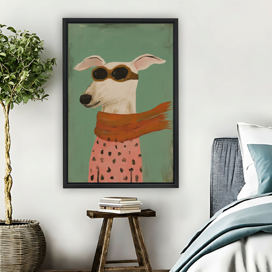 Whippet Dog Goggle Scarf Vintage Framed Canvas Wall Art| Liberty Signs #L1633