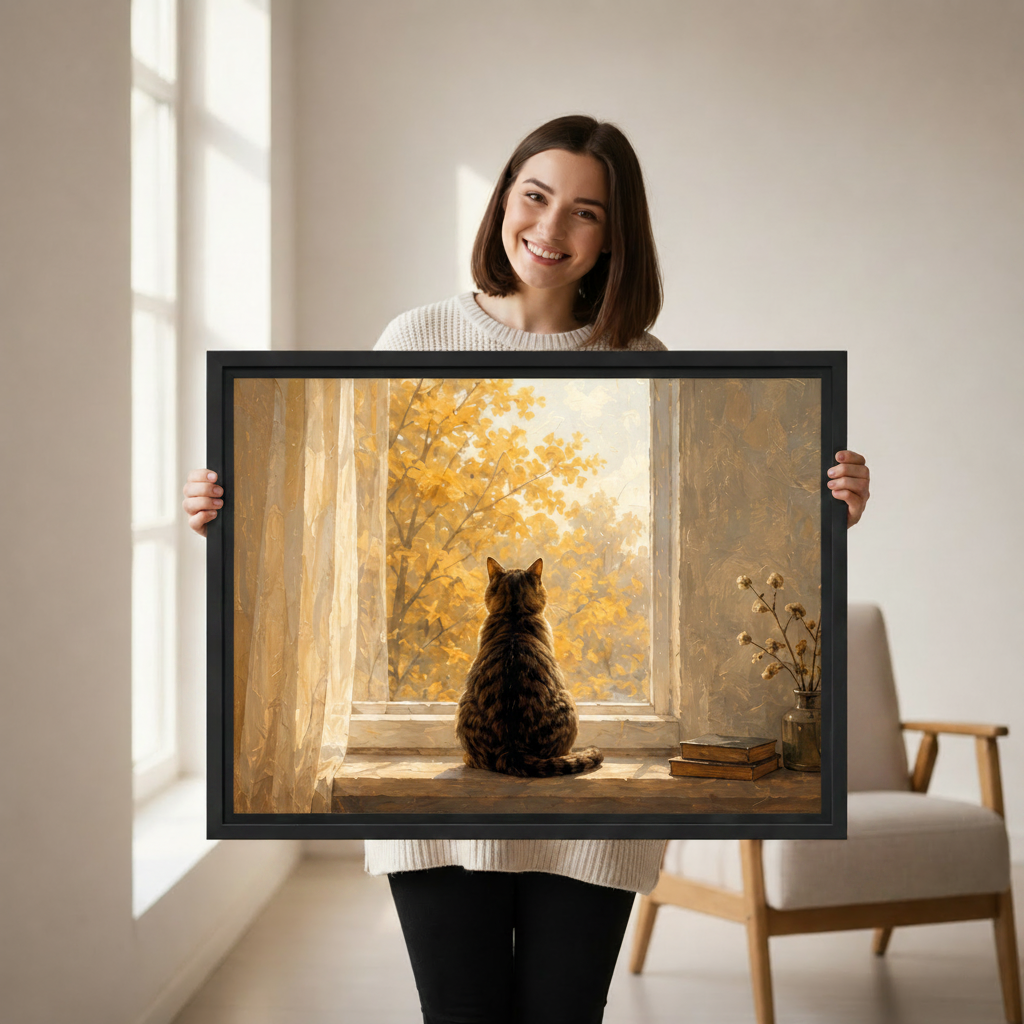 Woman holding cat watching fall foliage framed canvas wall art print