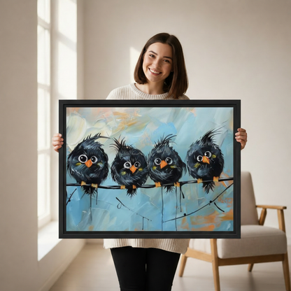 Hand-held funny black birds on wire oil painting canvas print, whimsical bird wall art close-up detail shot
