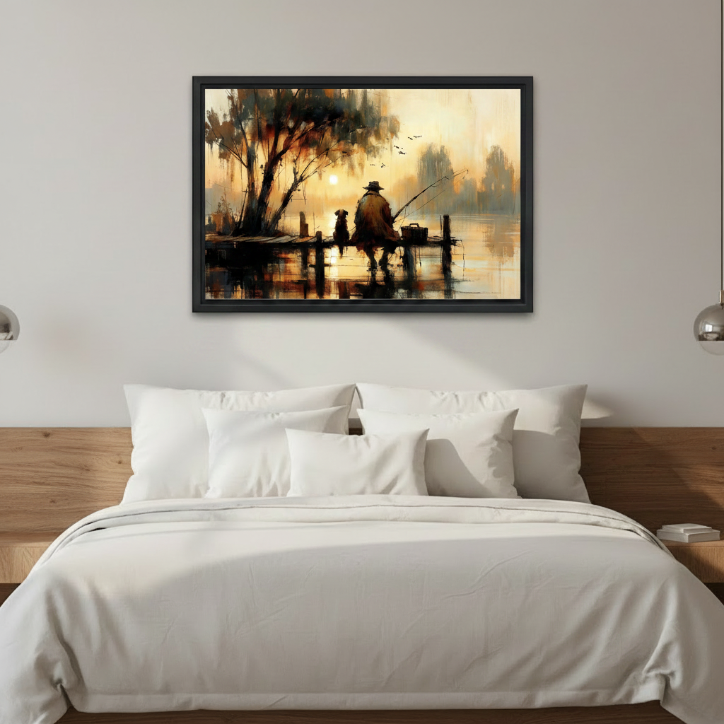 Golden sunset fishing scene framed wall art, warm tones oil painting style
