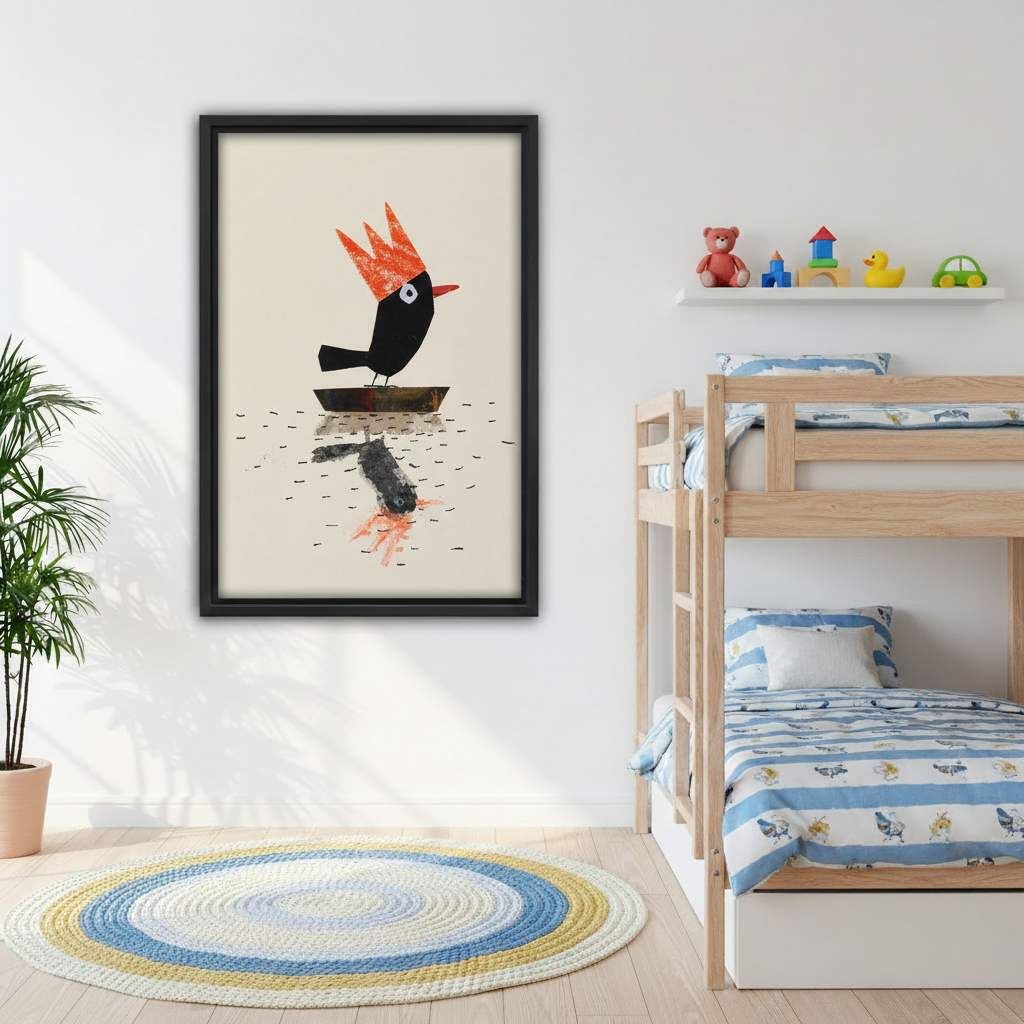 Black bird orange crown collage wall art in black frame above grey sofa in Scandinavian living room
