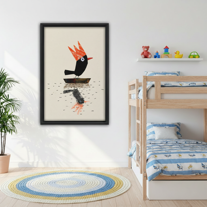 Black bird orange crown collage wall art in black frame above grey sofa in Scandinavian living room