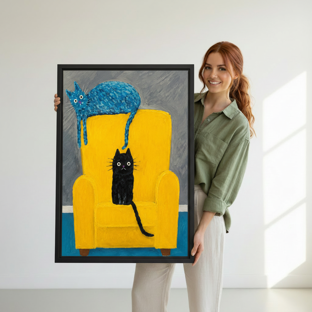 Woman holding two cats yellow chair colorful framed canvas print — bold impasto cat wall art, fun cat lover gift