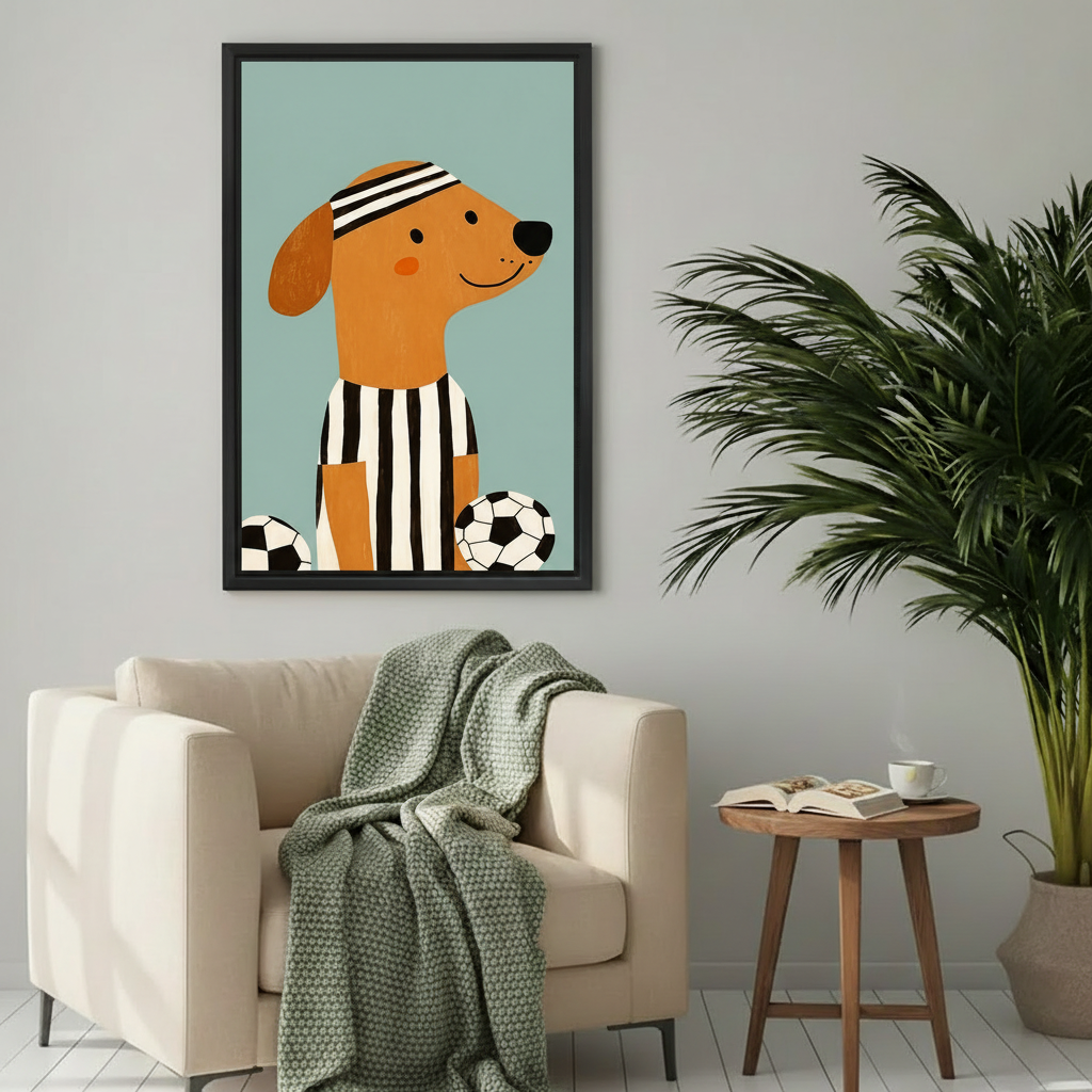 Soccer dog framed wall art print in beige armchair reading nook with palm plant