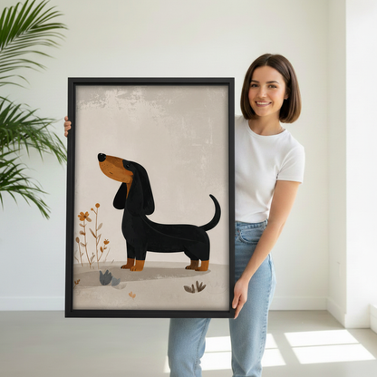 Woman holding minimalist dachshund wall art print, whimsical dog lover canvas gift idea for home decoration