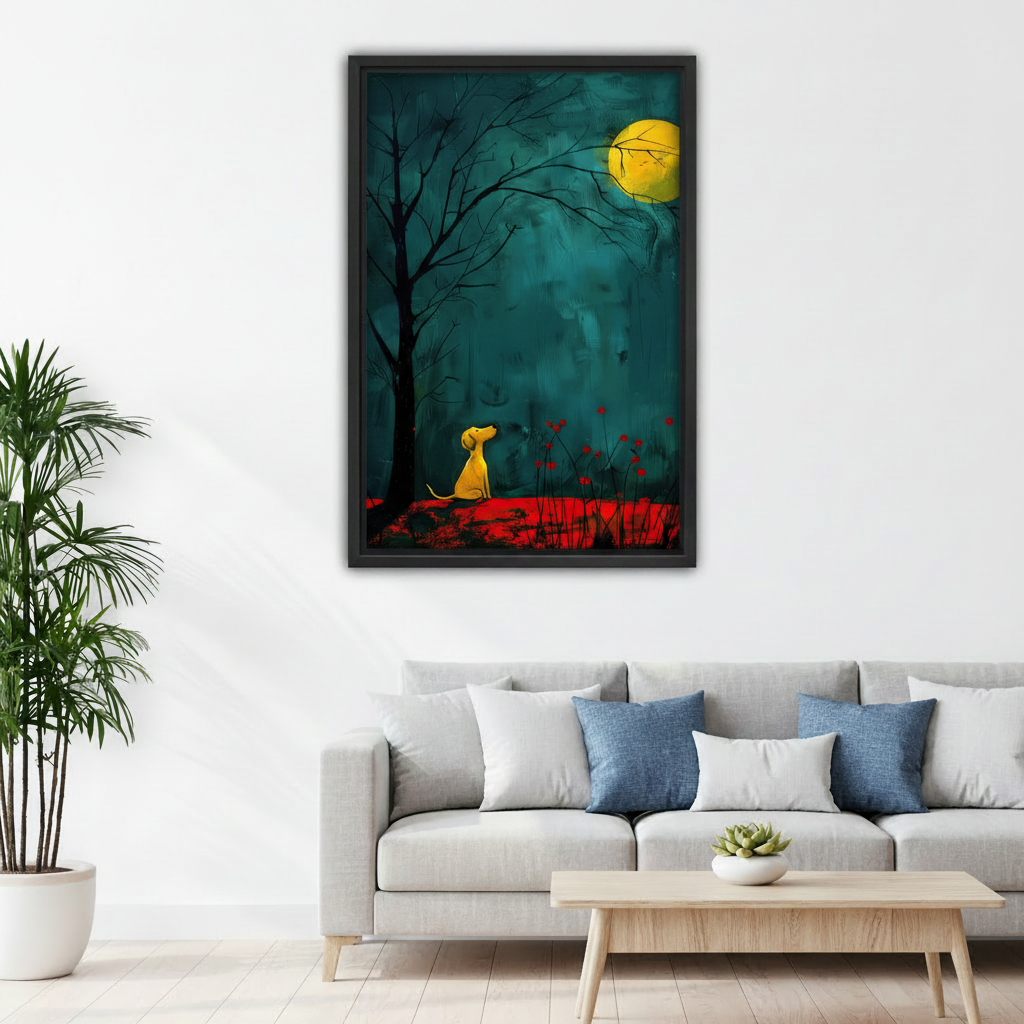 Lonely dog moonlit teal night canvas wall art – black frame illustration above desk in home office