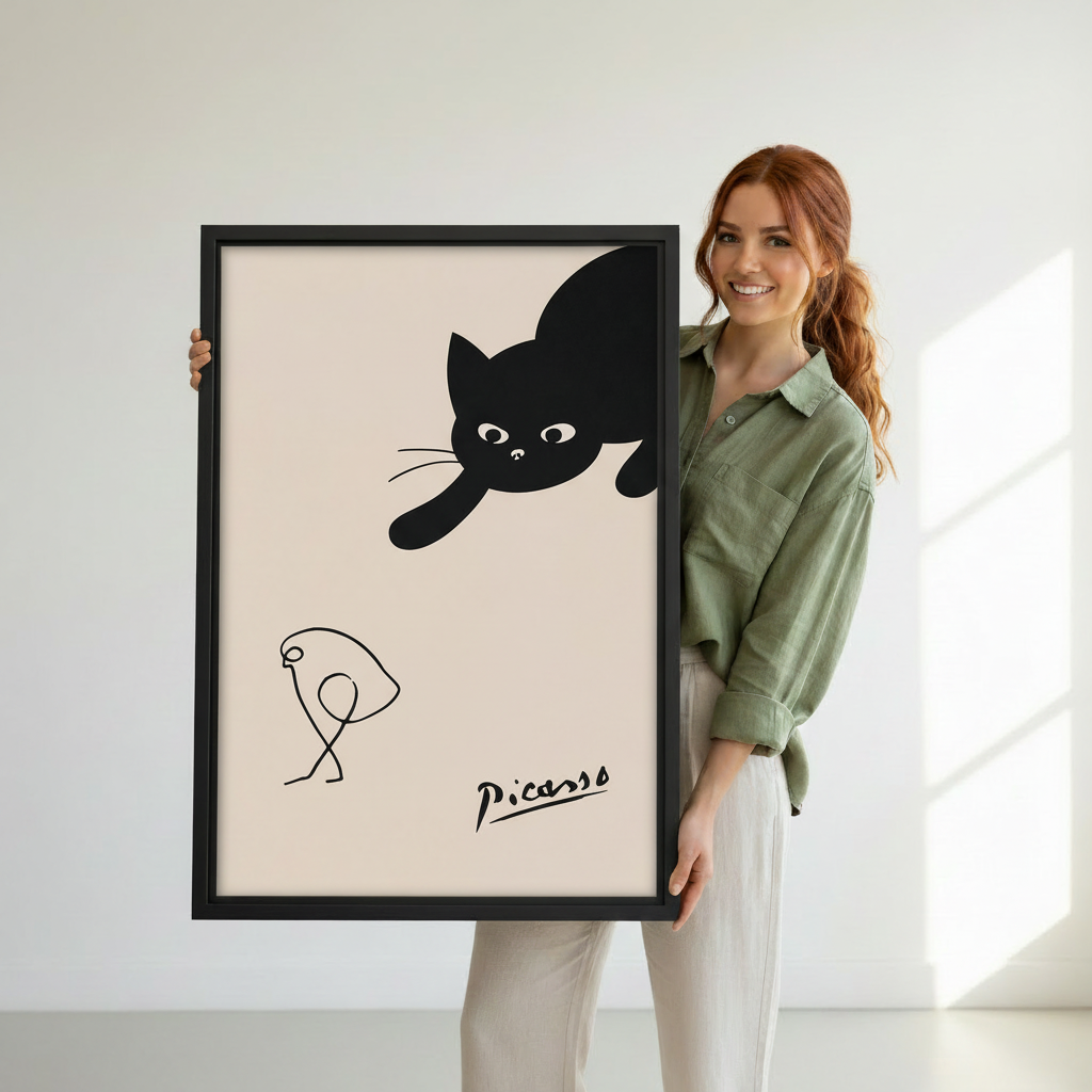 Woman holding large Picasso bird black cat minimalist framed canvas print — modern line art wall art gift for cat lovers