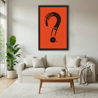Quirky black cat question mark canvas wall art in black frame – orange graphic illustration, styled in warm neutral bedroom with linen bedding and natural wood nightstand