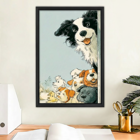 Funny Peeking Dogs Illustration Wall Art Print Framed l2038