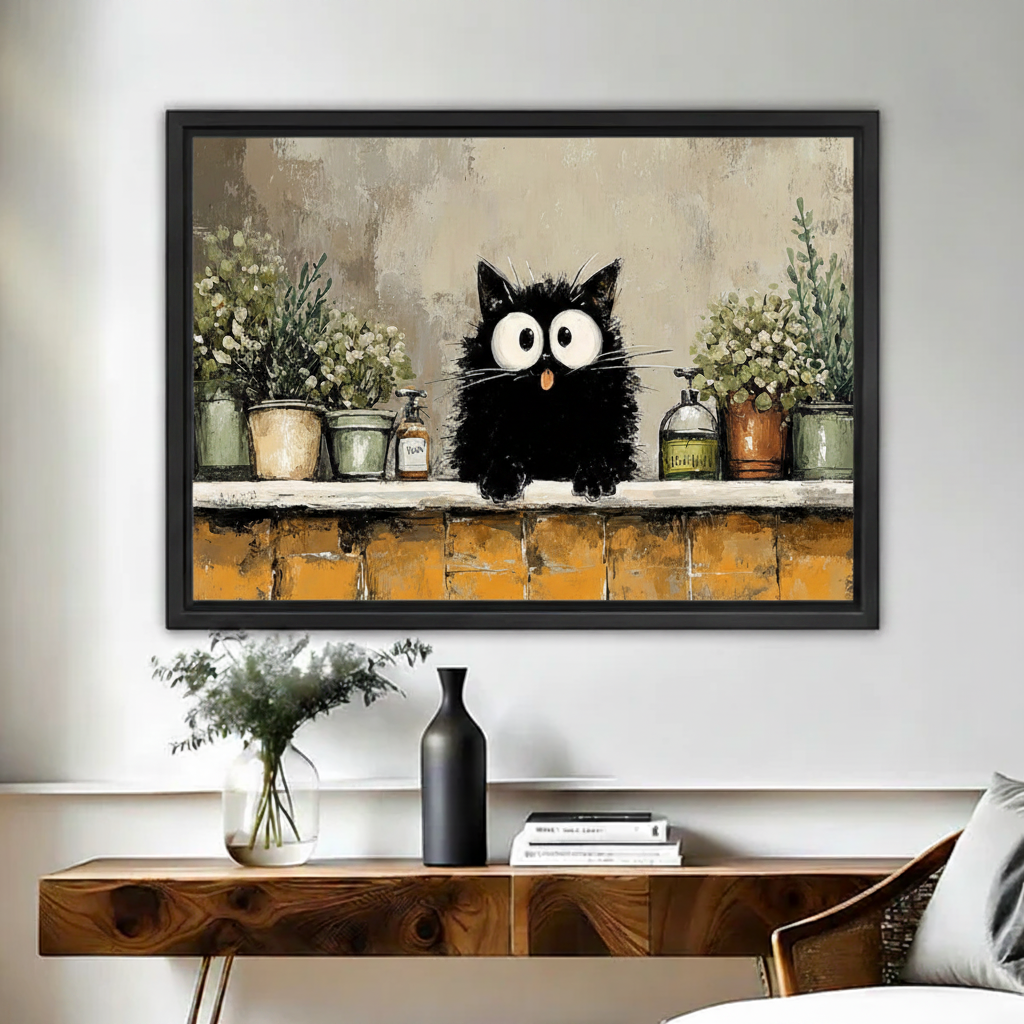 Funny black cat framed canvas wall art print held by woman, whimsical home decor