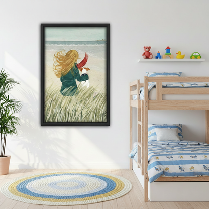 Coastal girl and dog wall art print displayed in bright modern living room – romantic ocean-inspired decor