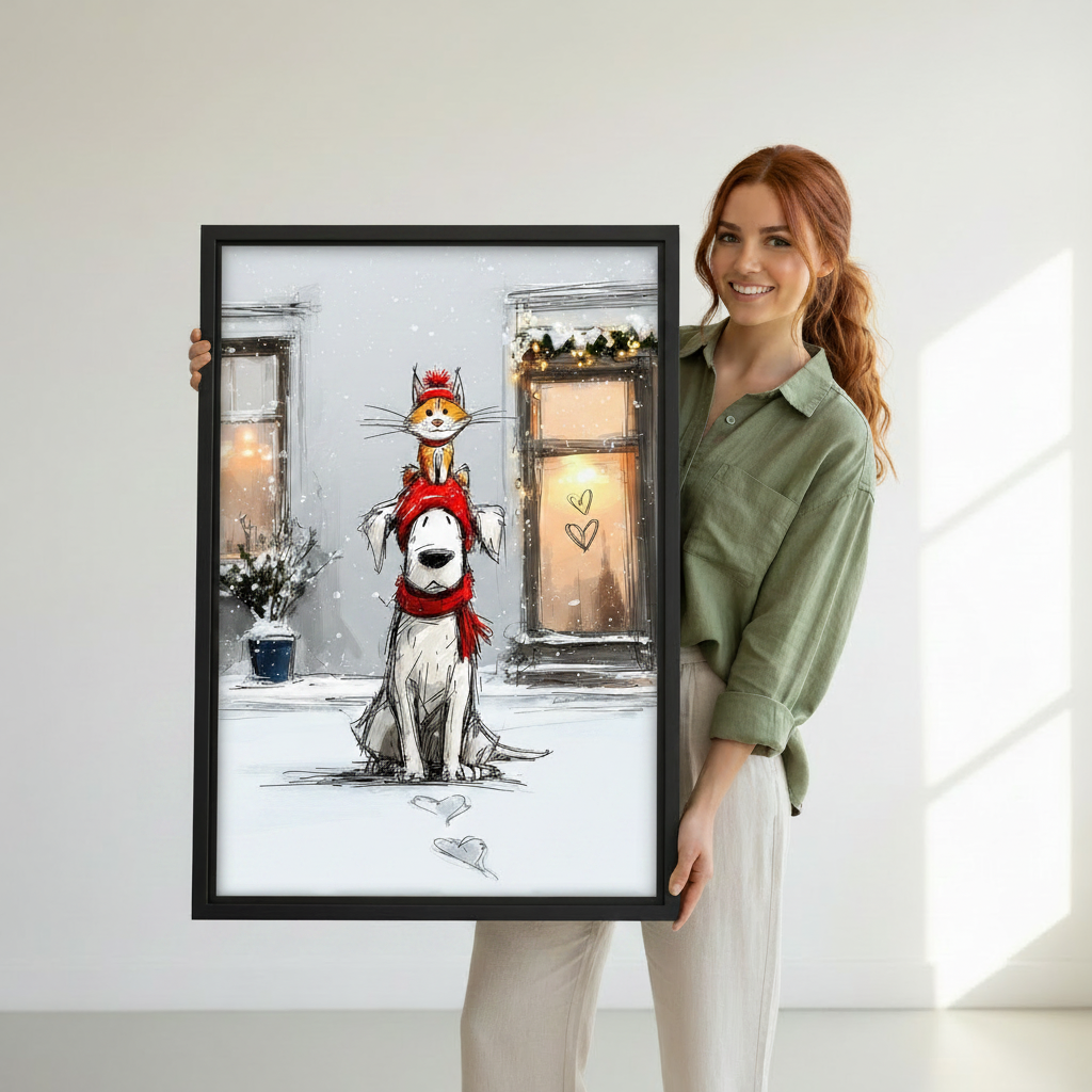 Cat and dog winter sketch wall art print — woman holding framed canvas with cat and dog snow scene, perfect pet lover gift