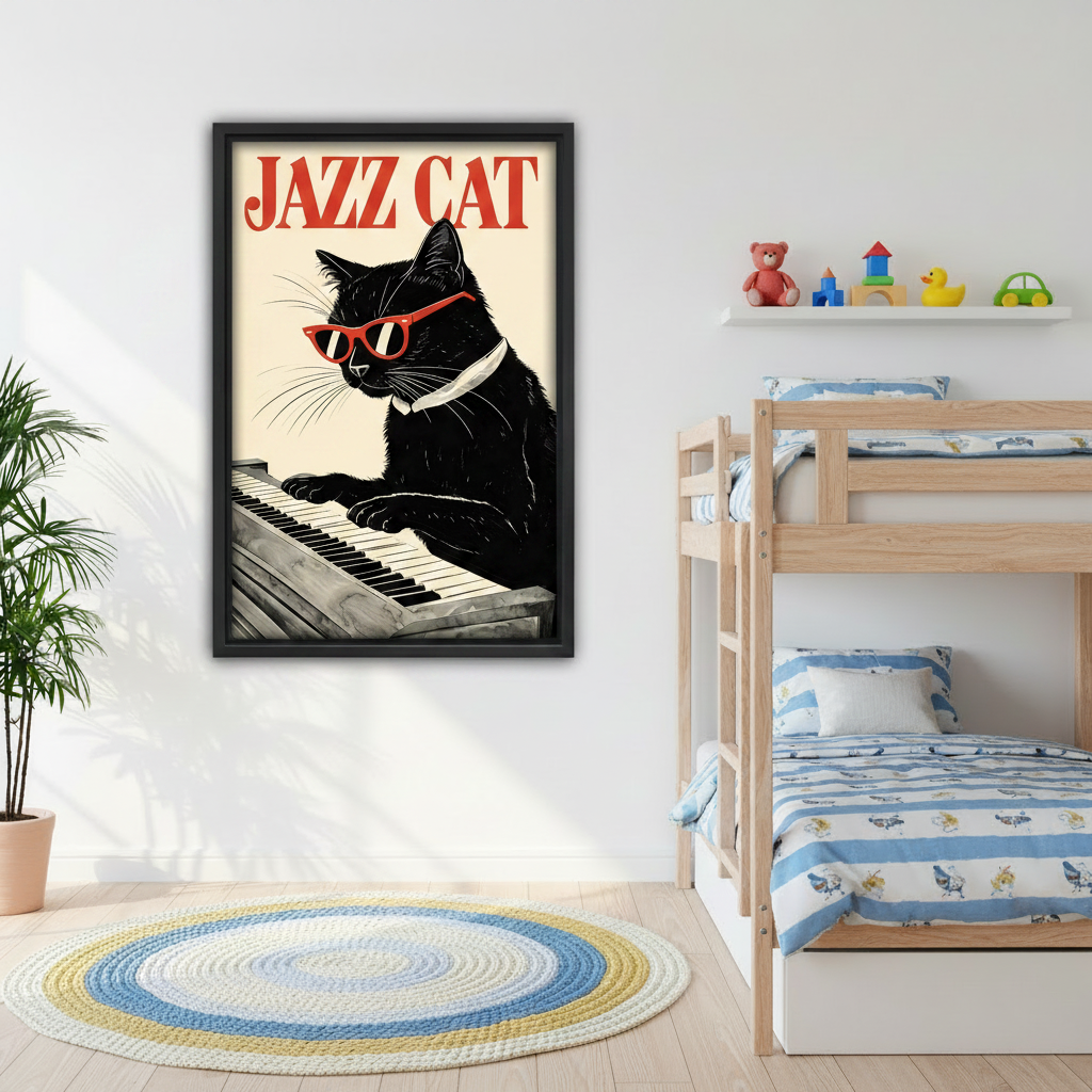 Retro Jazz Cat piano framed canvas wall art in bedroom above bed, cool black cat with red glasses music lover wall decor