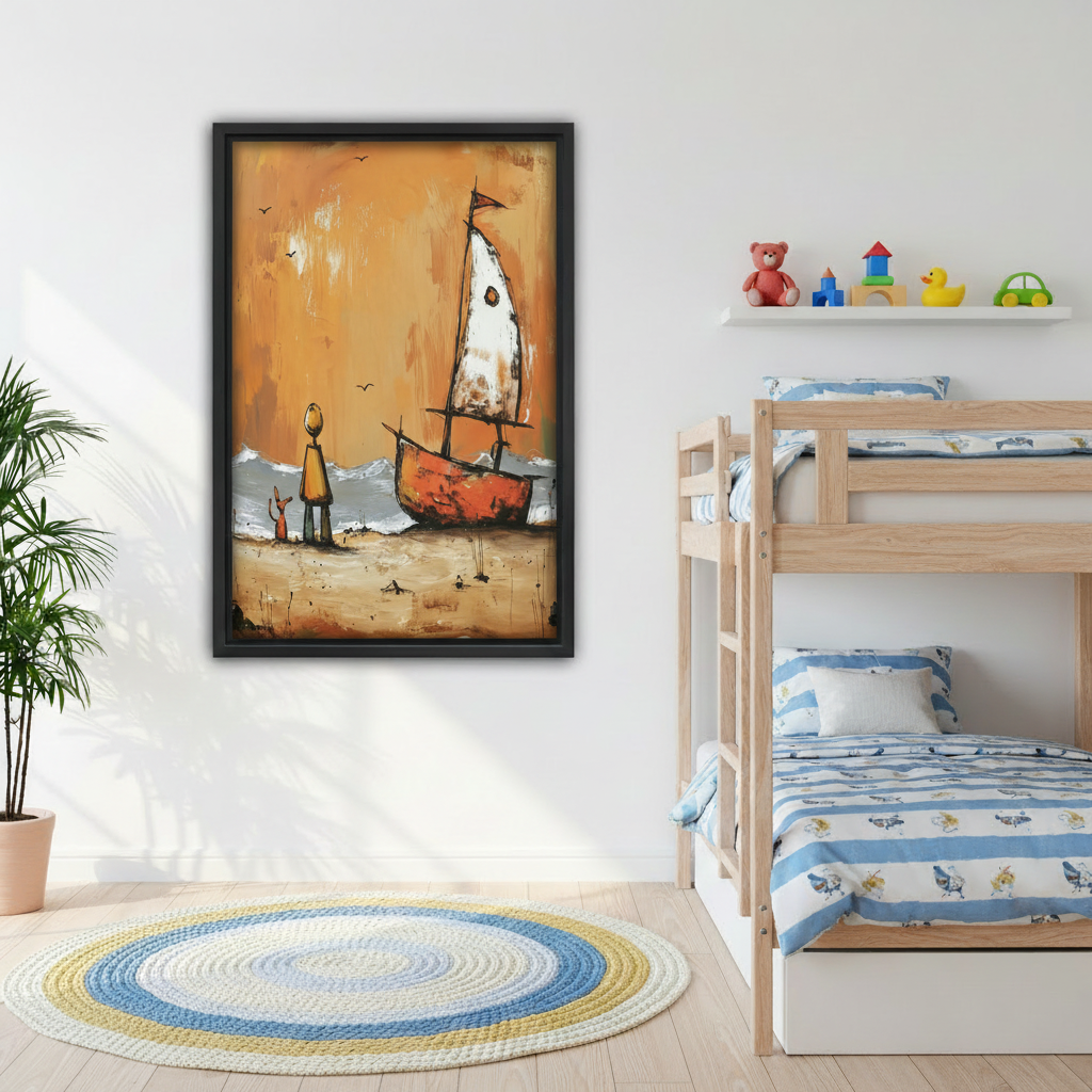 Rustic beach sailboat canvas print in cozy bedroom, vintage dog and owner wall art, warm amber tones coastal decor