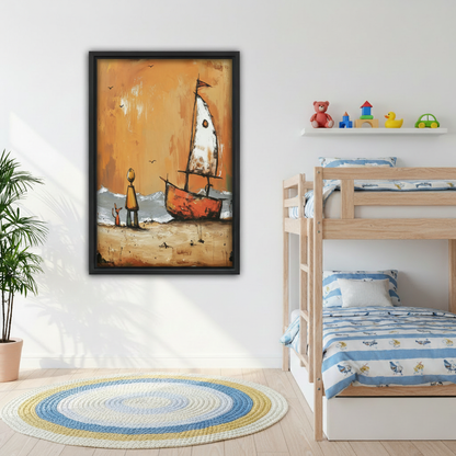 Rustic beach sailboat canvas print in cozy bedroom, vintage dog and owner wall art, warm amber tones coastal decor