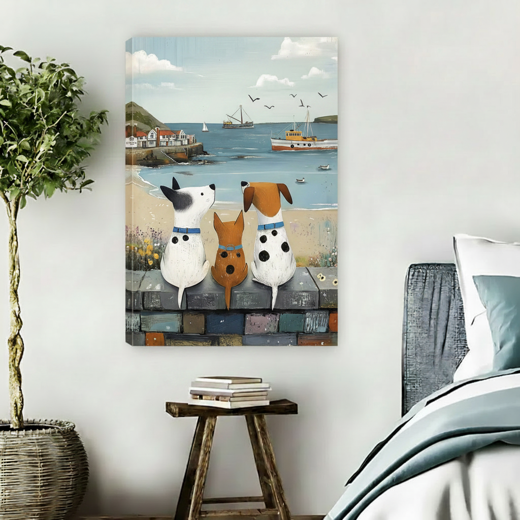 Dogs by the sea coastal folk art gallery wrap canvas wall art, charming nautical illustration print