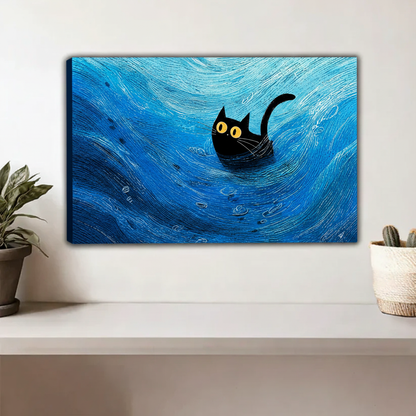 Impressionist black cat ocean canvas print hanging above white shelf with plants and cactus
